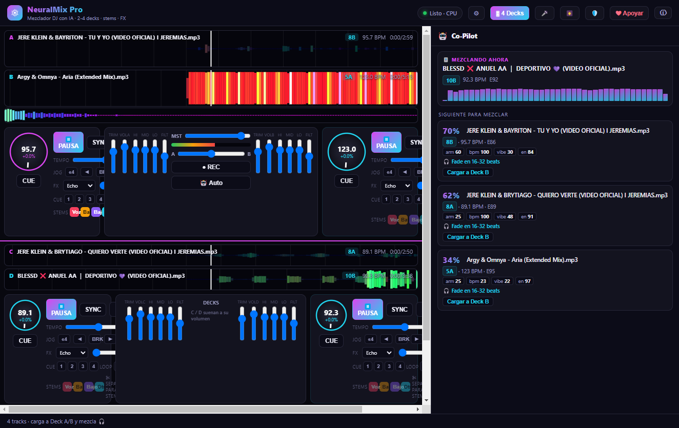NeuralMix Pro con cuatro decks reproduciendo a la vez