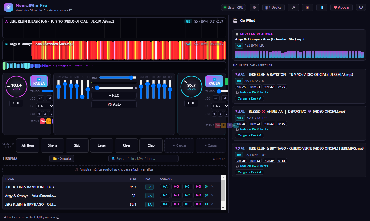 Interfaz de NeuralMix Pro: dos decks con waveform a color, mixer y panel del Co-Pilot