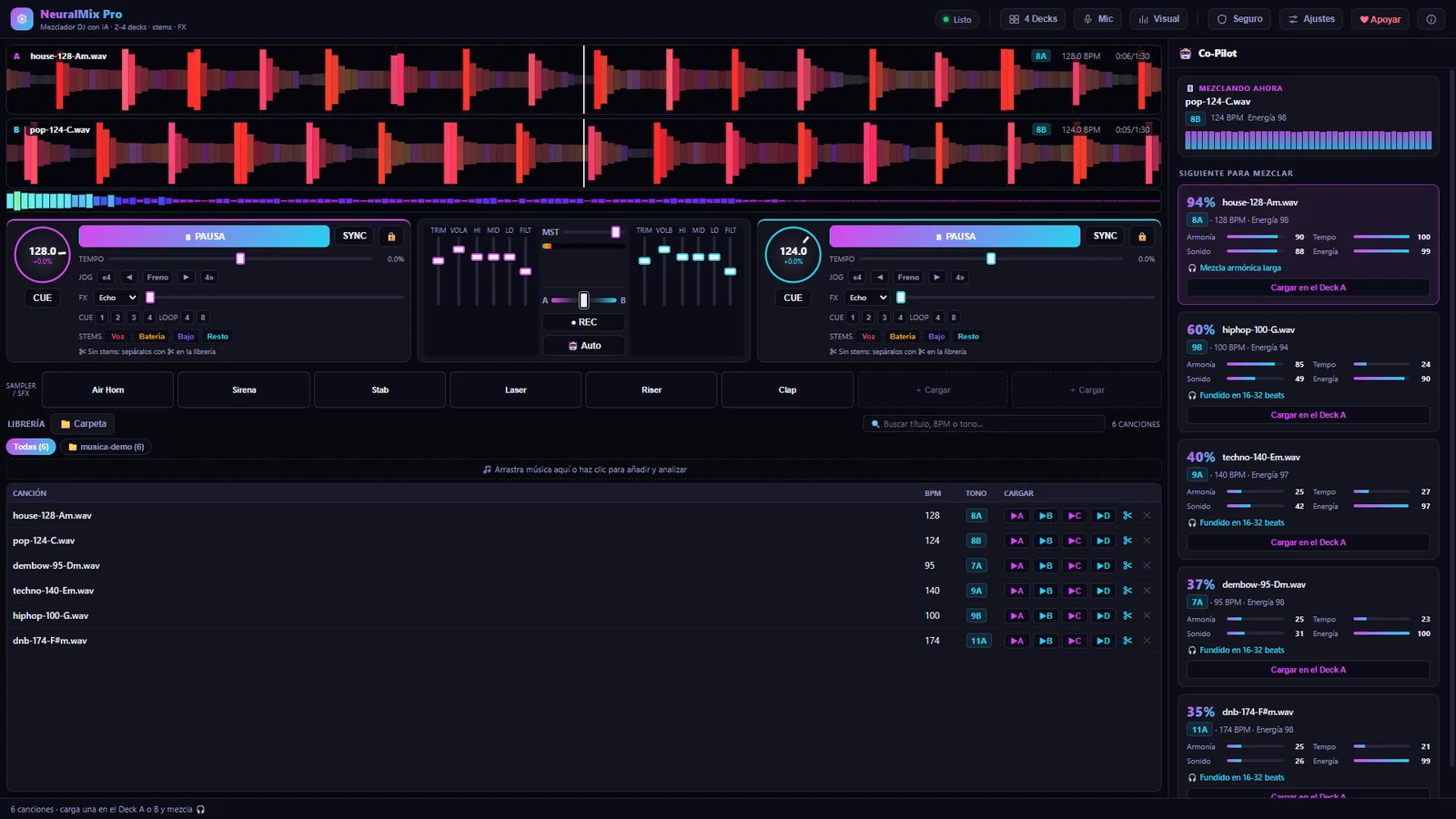 Interfaz de NeuralMix Pro: dos decks con waveform a color, mixer y panel del Co-Pilot