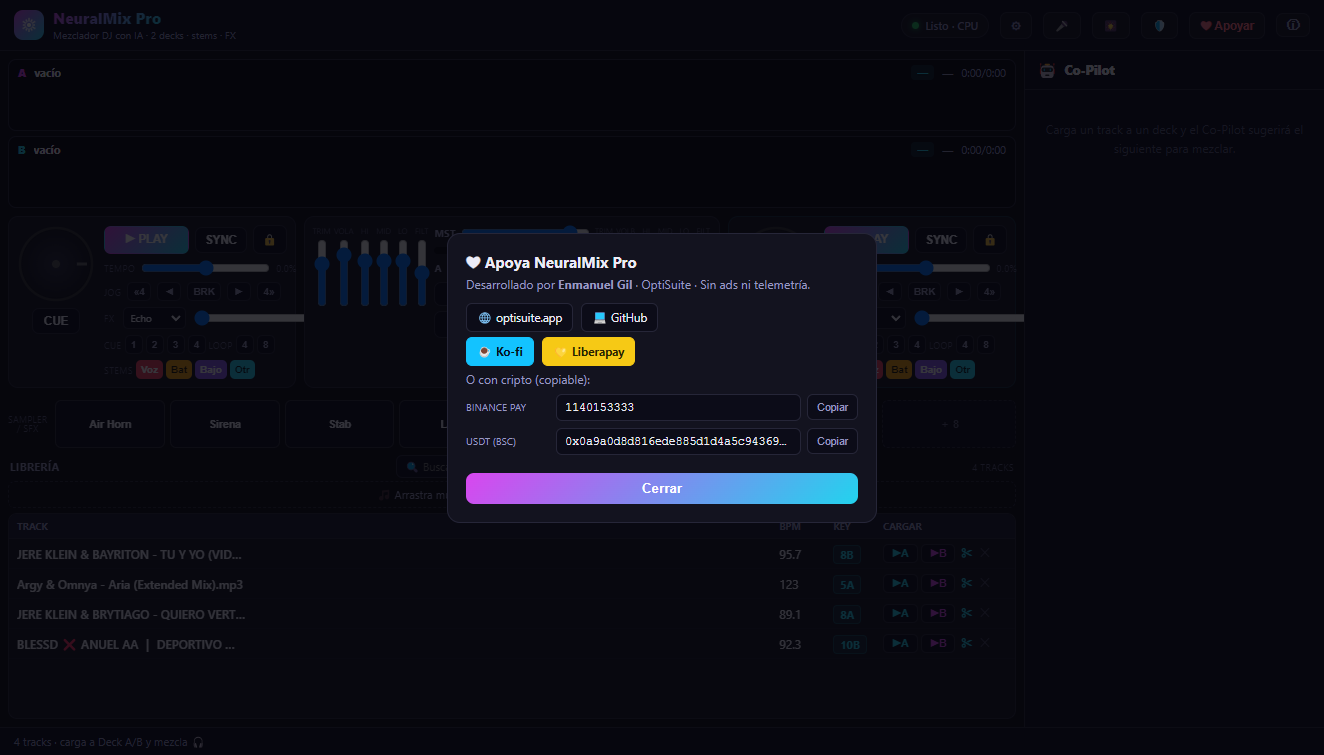 Pantalla de apoyo de NeuralMix Pro con opciones de donación