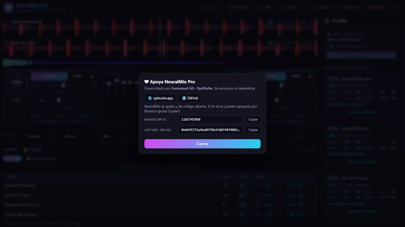 Pantalla de apoyo de NeuralMix Pro con opciones de donación