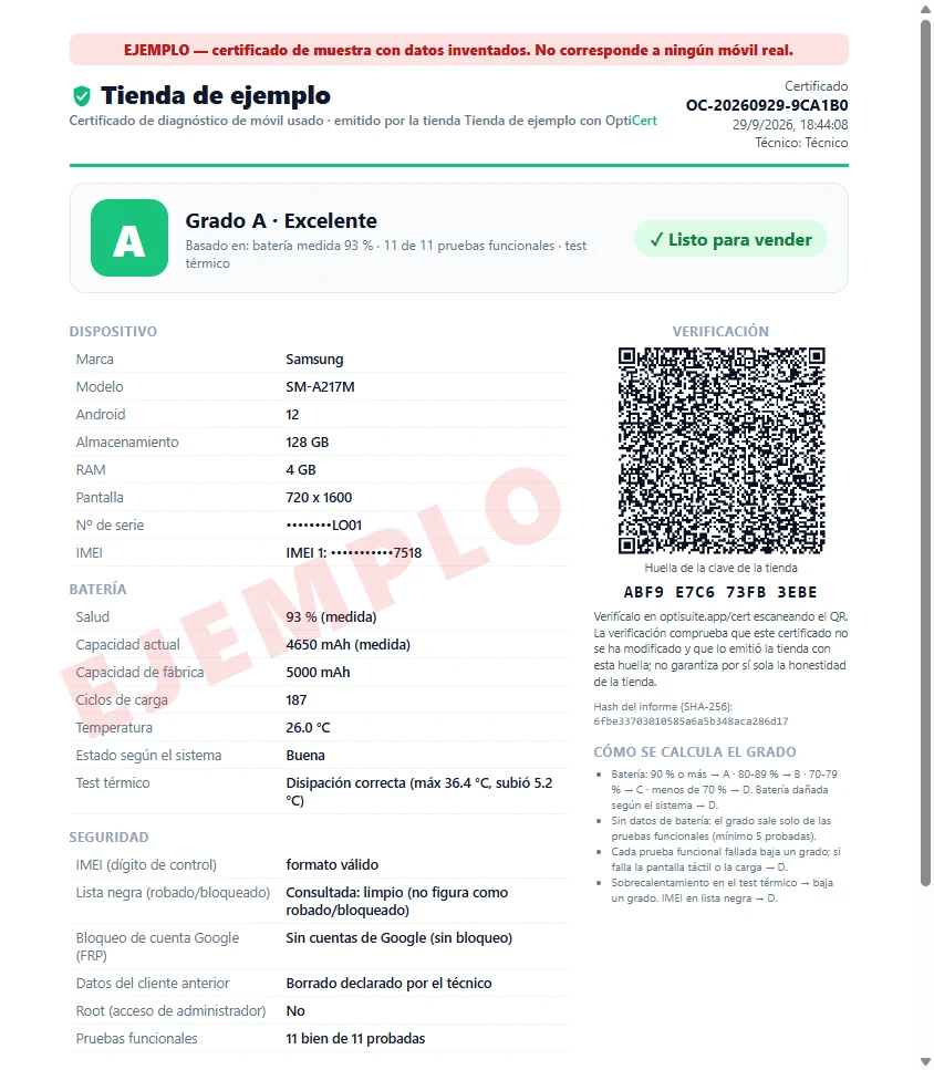 Certificado OptiCert de ejemplo