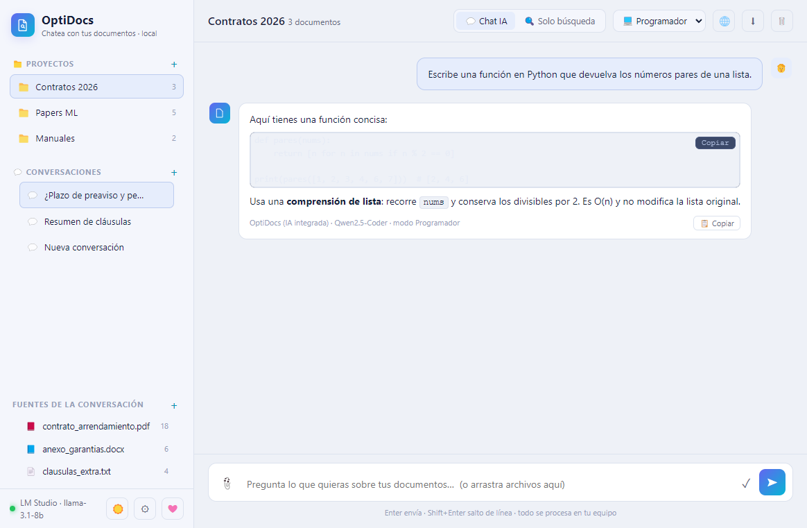 OptiDocs en modo programador