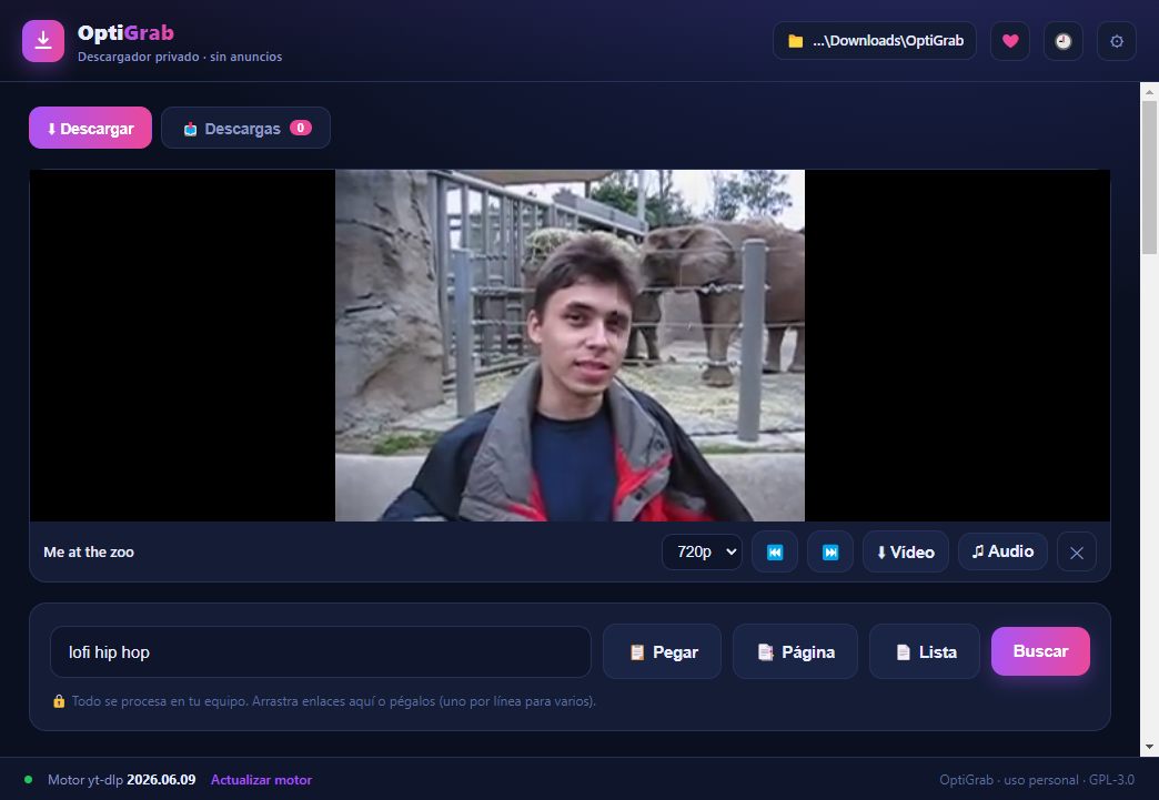 Interfaz de OptiGrab: reproductor, búsqueda y descarga