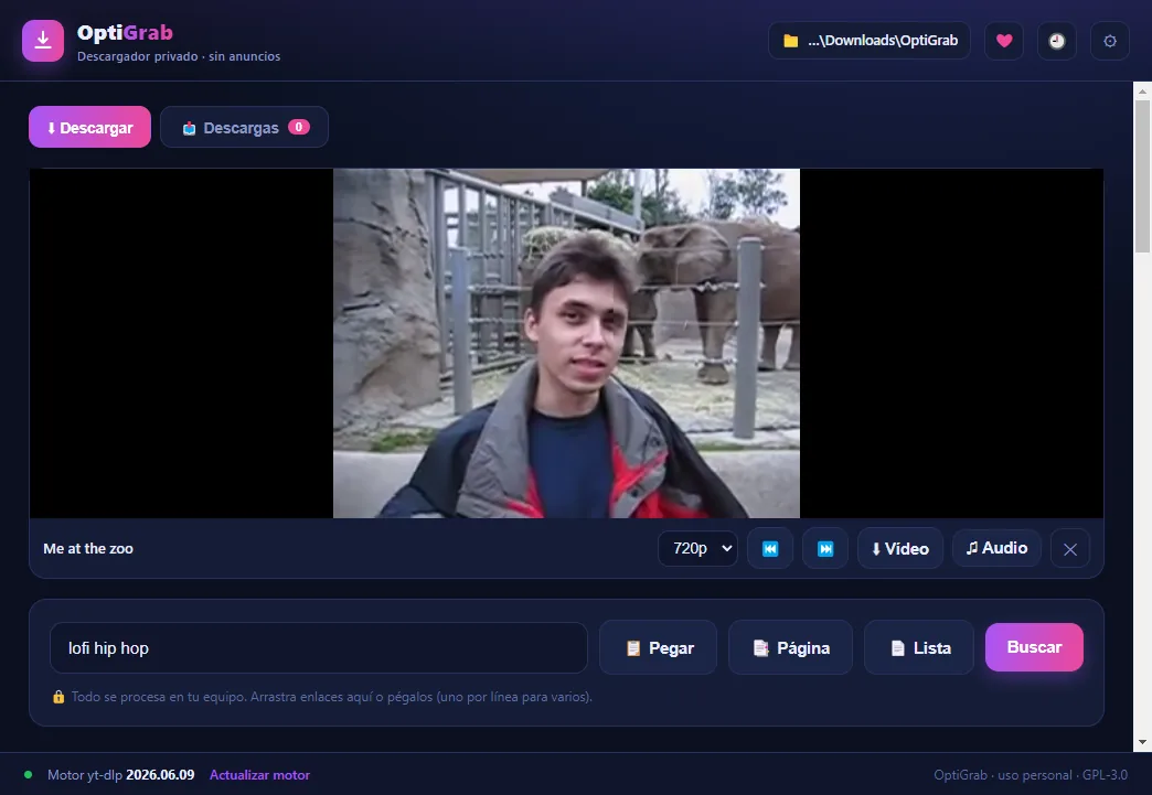 Interfaz de OptiGrab: reproductor, búsqueda y descarga