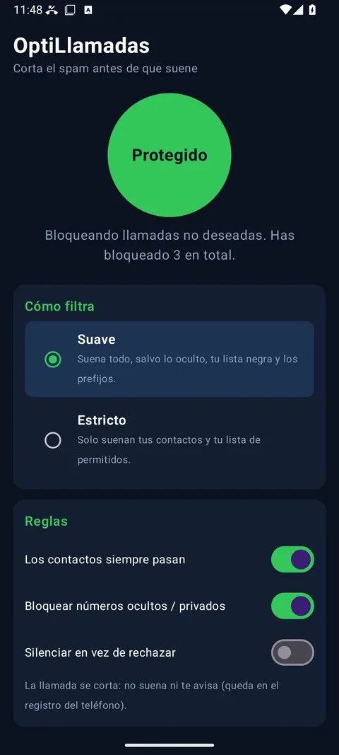 OptiLlamadas: escudo verde «Protegido», bloqueando llamadas no deseadas