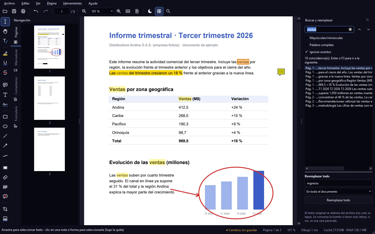 Panel de búsqueda de OptiPDF con las coincidencias de «ventas» y el campo Reemplazar todo con «ingresos»