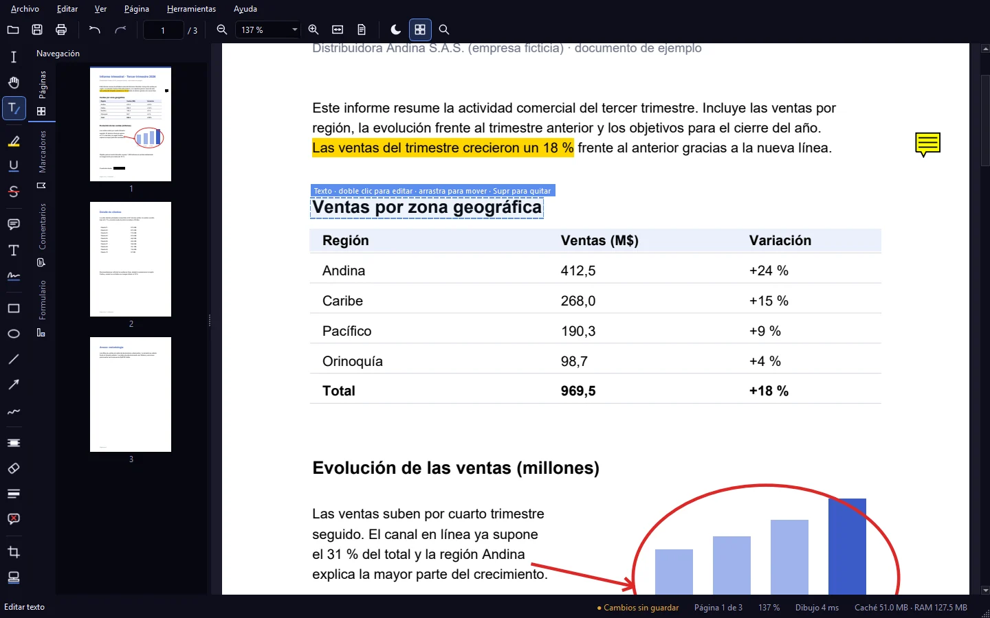 OptiPDF Editor editando el título de un informe en PDF: el texto seleccionado aparece marcado en azul