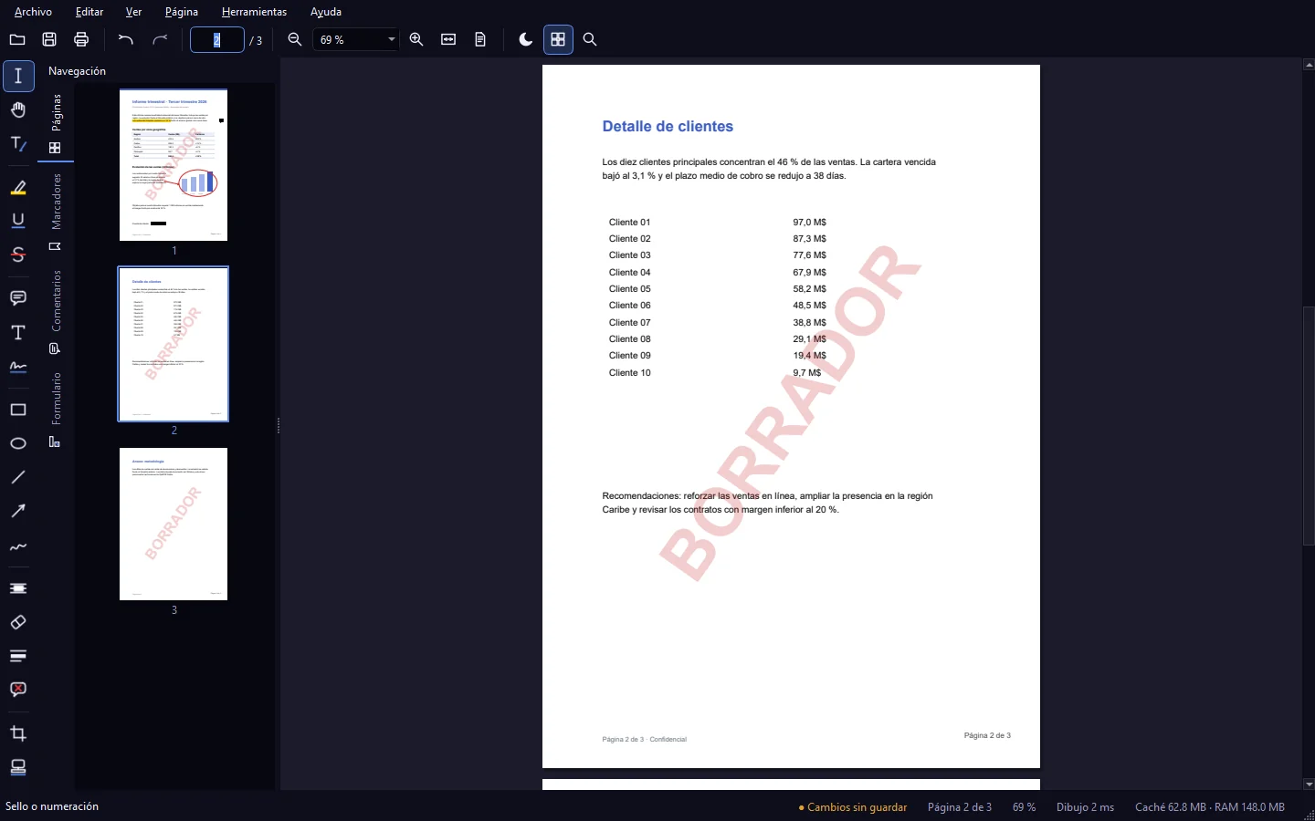 Página de un PDF con la marca de agua BORRADOR en diagonal y el pie «Página 2 de 3»