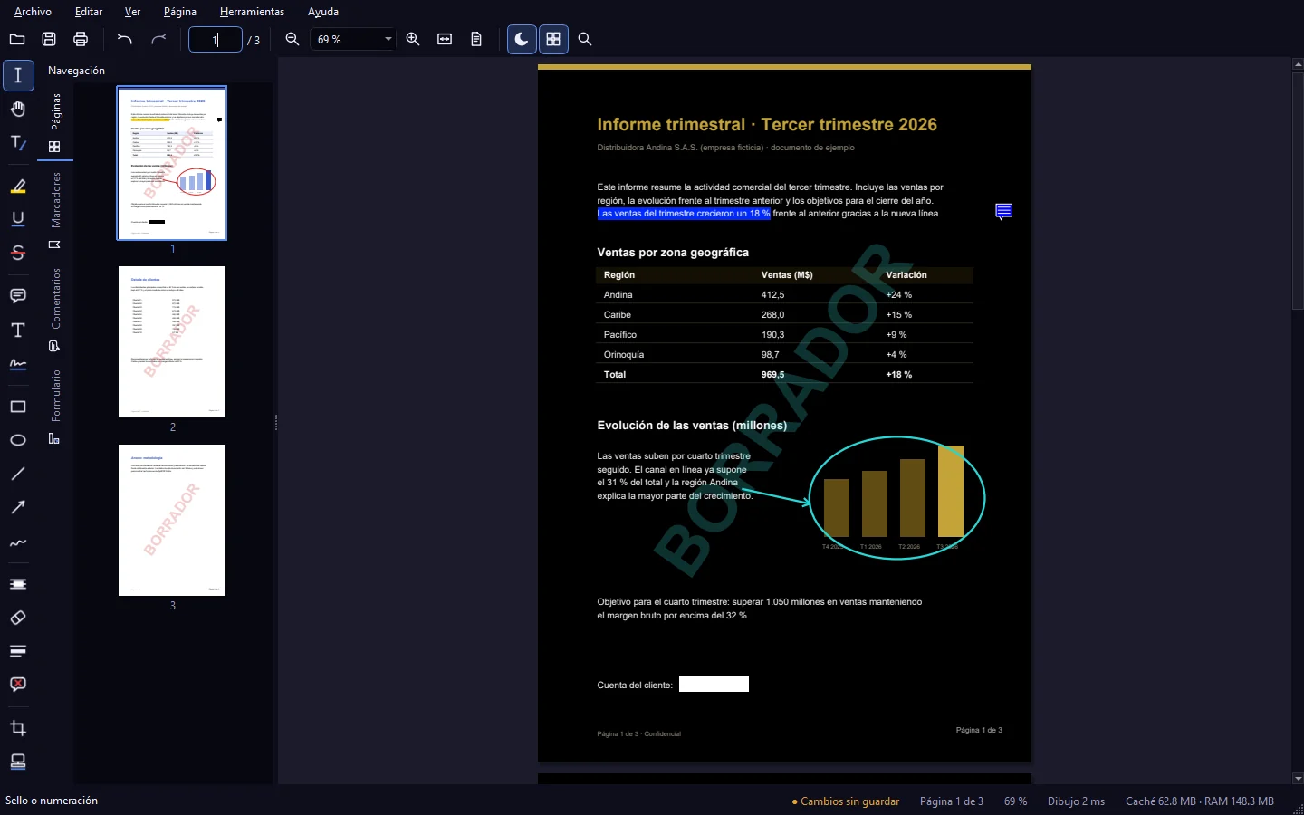 OptiPDF Editor en modo noche: la página del PDF con fondo oscuro y texto claro