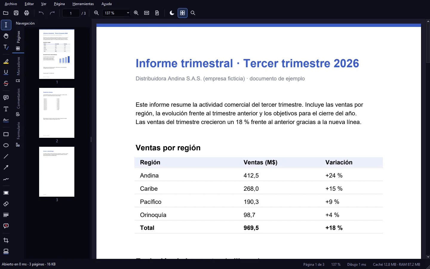OptiPDF Editor mostrando un informe de 3 páginas con las miniaturas a la izquierda