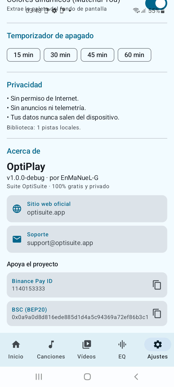 Ajustes y privacidad de OptiPlay