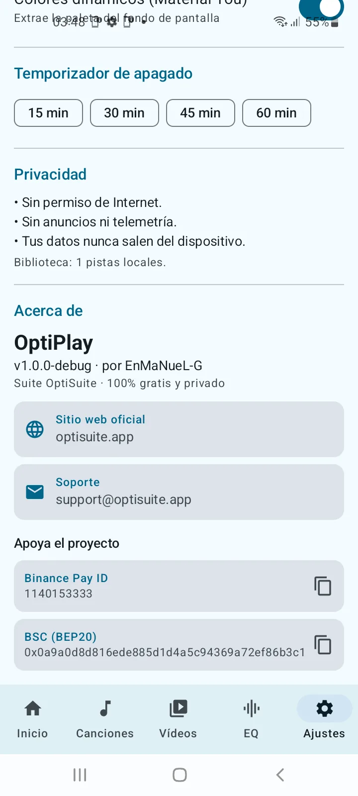 Ajustes y privacidad de OptiPlay