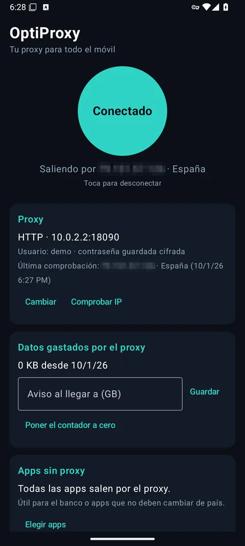 OptiProxy conectado: el móvil sale por la IP y el país de tu proxy