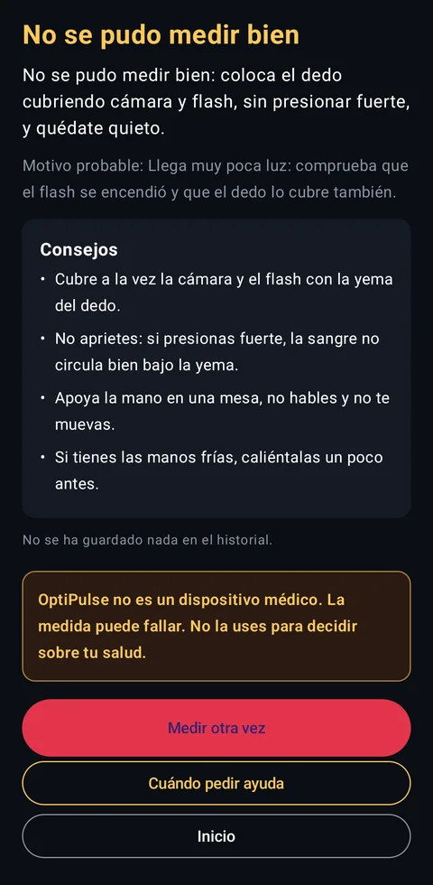 OptiPulse: aviso cuando no se pudo medir
