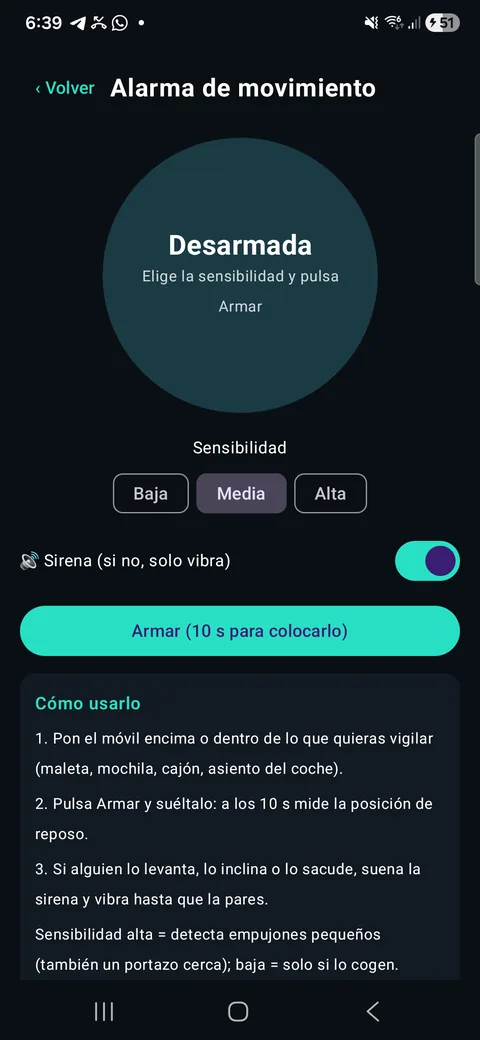 OptiRadar: alarma de movimiento con tres sensibilidades y sirena