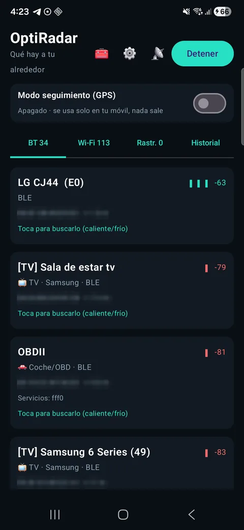 OptiRadar: lista Bluetooth con tipo de aparato, fabricante y servicios anunciados