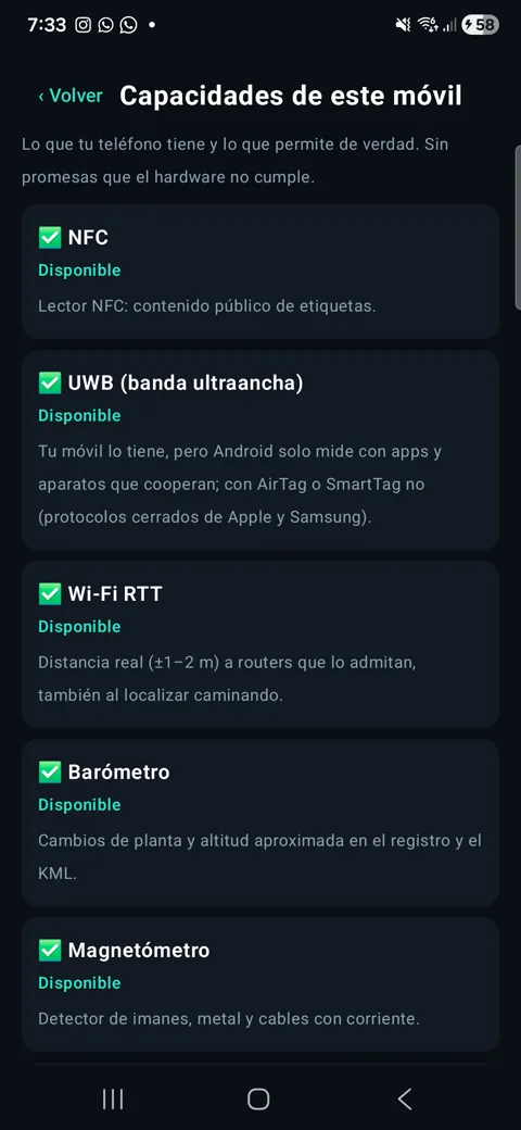 OptiRadar: pantalla de capacidades del móvil con los sensores y radios que tiene y qué permite de verdad