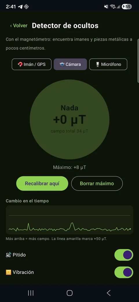OptiRadar: detector de ocultos con el magnetómetro, modos imán/GPS, cámara y micrófono