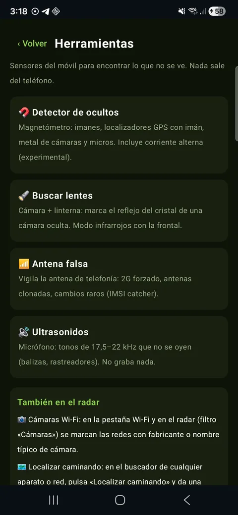 OptiRadar: menú de herramientas de sensores (detector de ocultos, lentes, antena falsa, ultrasonidos)