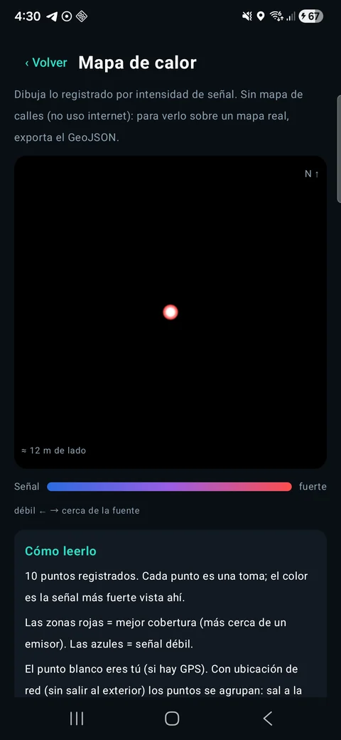 OptiRadar: mapa de calor sin internet con los puntos registrados coloreados por intensidad de señal