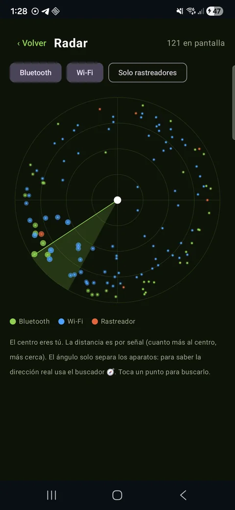 OptiRadar: vista radar tipo sonar con barrido y filtros, en tema camuflaje