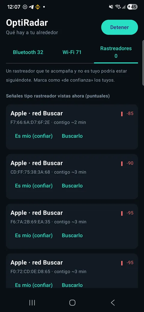 OptiRadar: posibles rastreadores cerca, con aviso si te acompañan