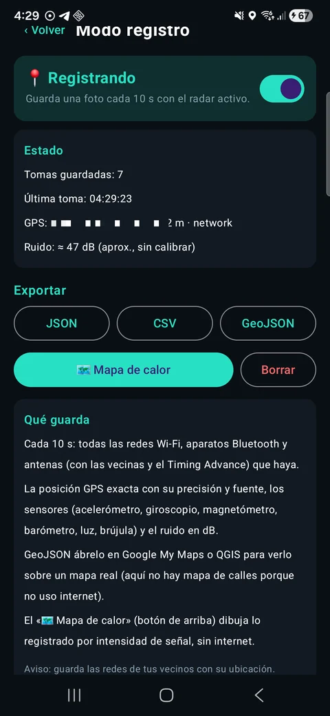 OptiRadar: modo registro guardando redes, aparatos y antenas con GPS, sensores y ruido; exporta a JSON, CSV y GeoJSON