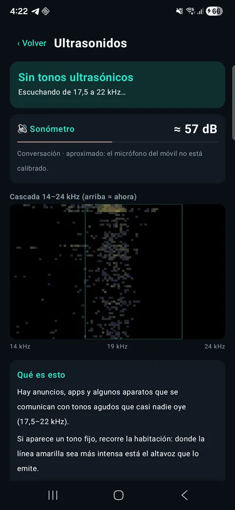 OptiRadar: sonómetro con el nivel de sonido aproximado en dB, junto al detector de ultrasonidos