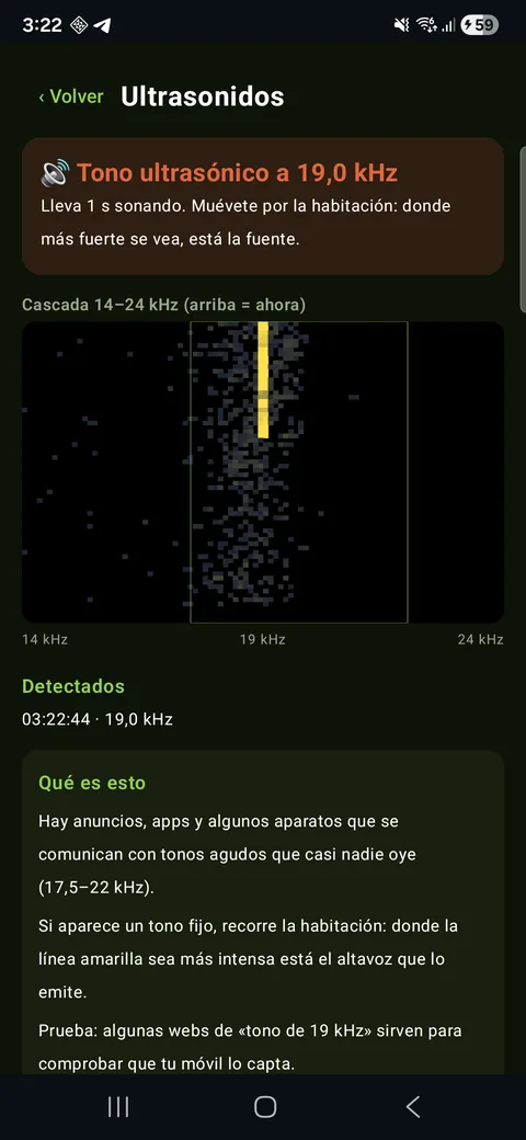 OptiRadar: detector de ultrasonidos detectando un tono de 19 kHz en la cascada