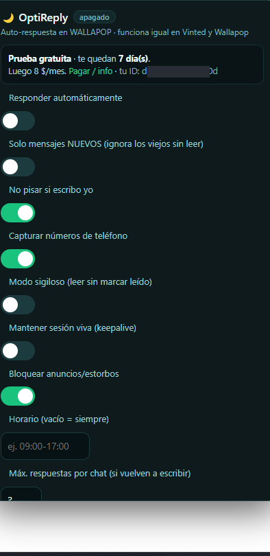 Menú de auto-respuesta de OptiReply: horario, modo sigiloso y tope de respuestas