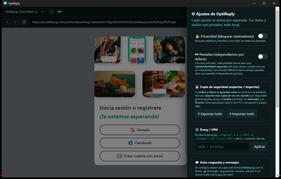 Ajustes de OptiReply: privacidad, copia de seguridad, proxy y auto-respuesta — todo local