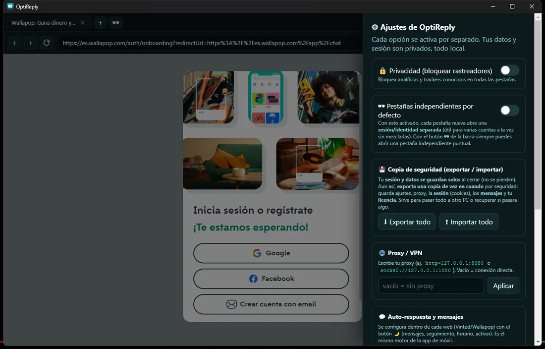 Ajustes de OptiReply: privacidad, copia de seguridad, proxy y auto-respuesta — todo local