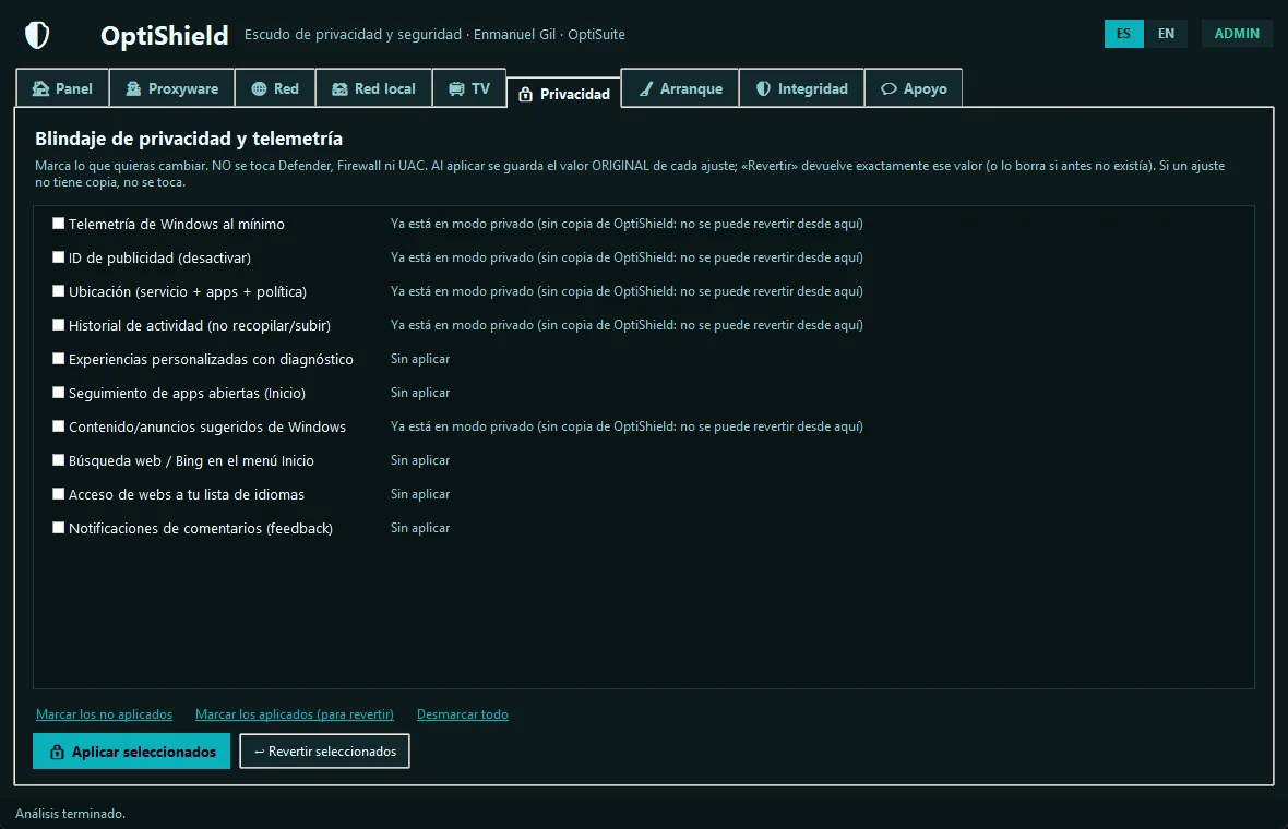 Blindaje de privacidad de OptiShield