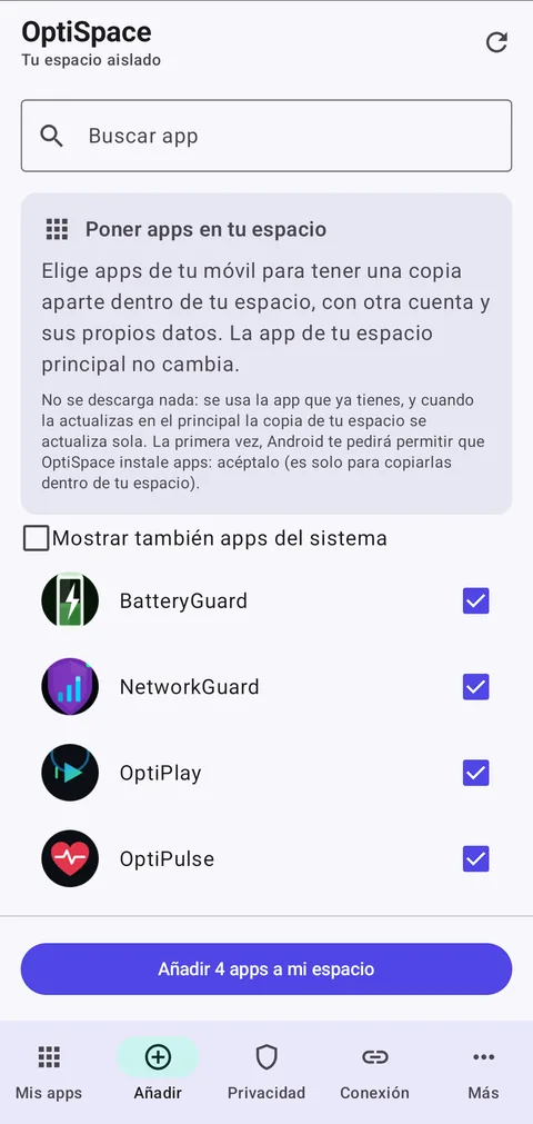 OptiSpace: elegir las apps que pasan a tu espacio