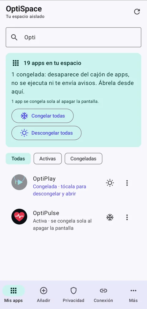 OptiSpace: tus apps del espacio, con buscador, congeladas y congelado automático