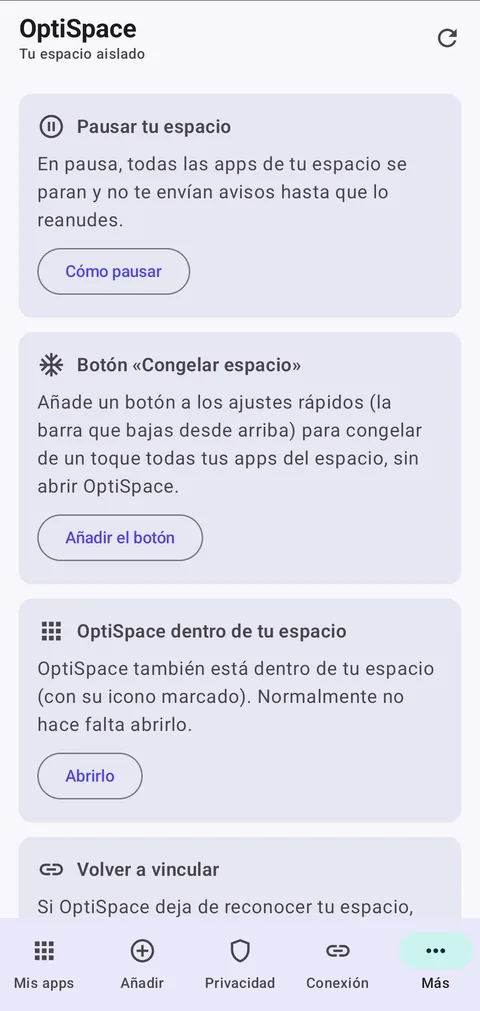 OptiSpace: botón «Congelar espacio» en los ajustes rápidos