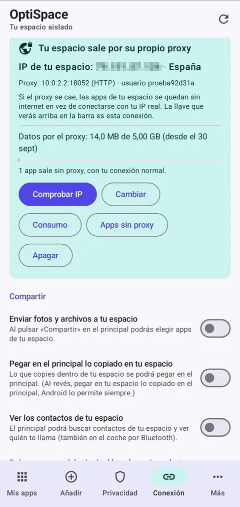 OptiSpace: conexión propia del espacio por tu proxy, con su IP y país