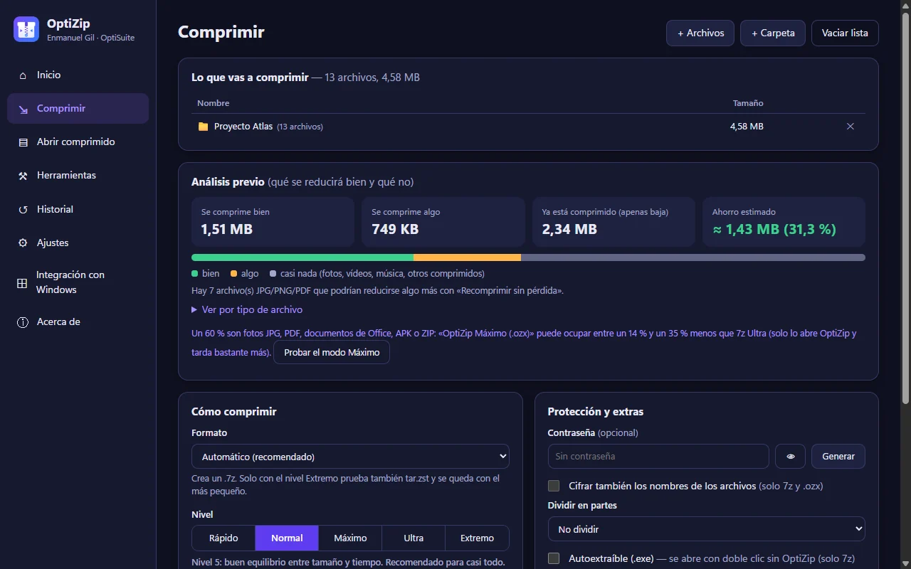 OptiZip, pantalla Comprimir: lista de archivos, análisis previo de lo que se reducirá y opciones de formato y nivel