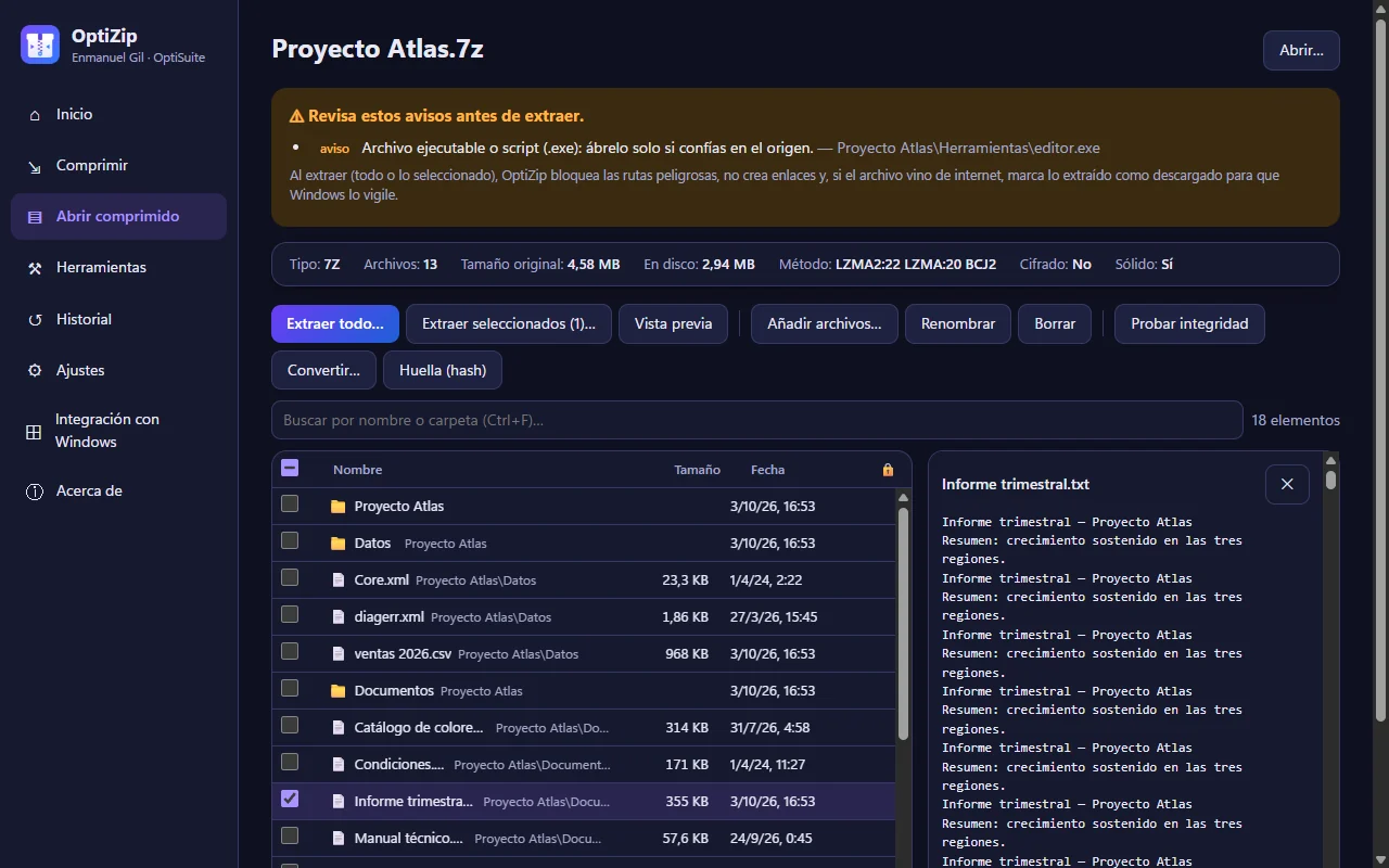 OptiZip abriendo un archivo .7z: aviso del escudo de seguridad, lista de archivos y vista previa de un texto