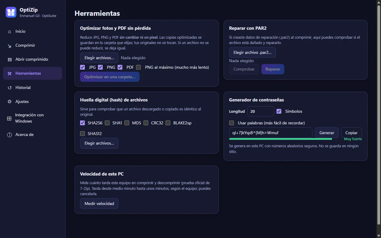 OptiZip, pantalla Herramientas: optimizar fotos y PDF, reparar con PAR2, huella digital, generador de contraseñas y velocidad del PC