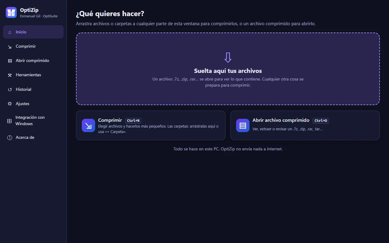 OptiZip, pantalla de inicio: zona para soltar archivos y botones Comprimir y Abrir archivo comprimido