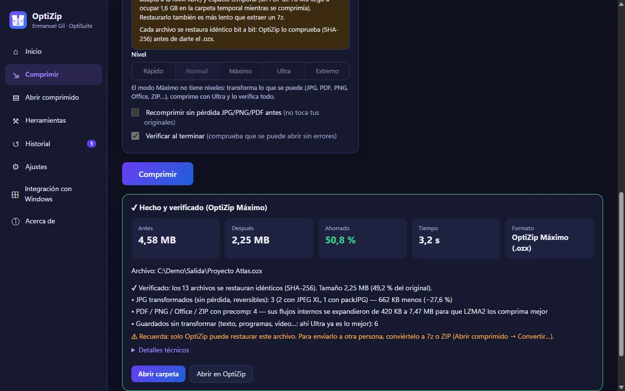 OptiZip: resultado del modo Máximo .ozx con los archivos transformados y la verificación SHA-256 de cada uno