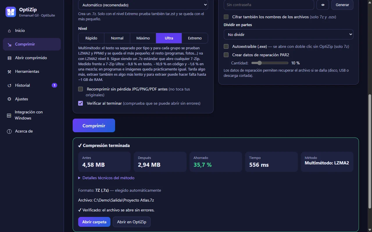 OptiZip: resultado de una compresión con Ultra multimétodo, con tamaño antes y después, ahorro, tiempo y verificación