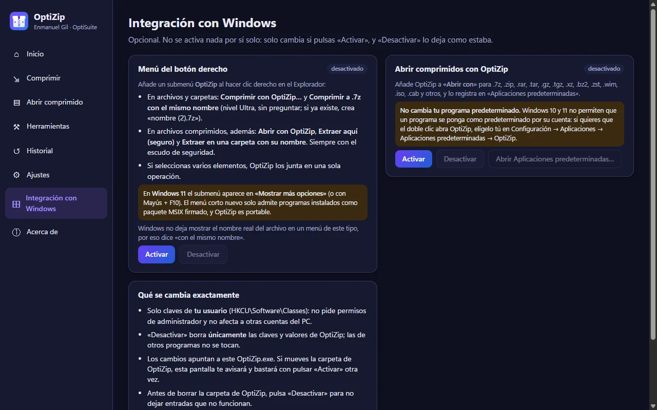 OptiZip, pantalla Integración con Windows: menú del botón derecho y Abrir con, con botones Activar y Desactivar