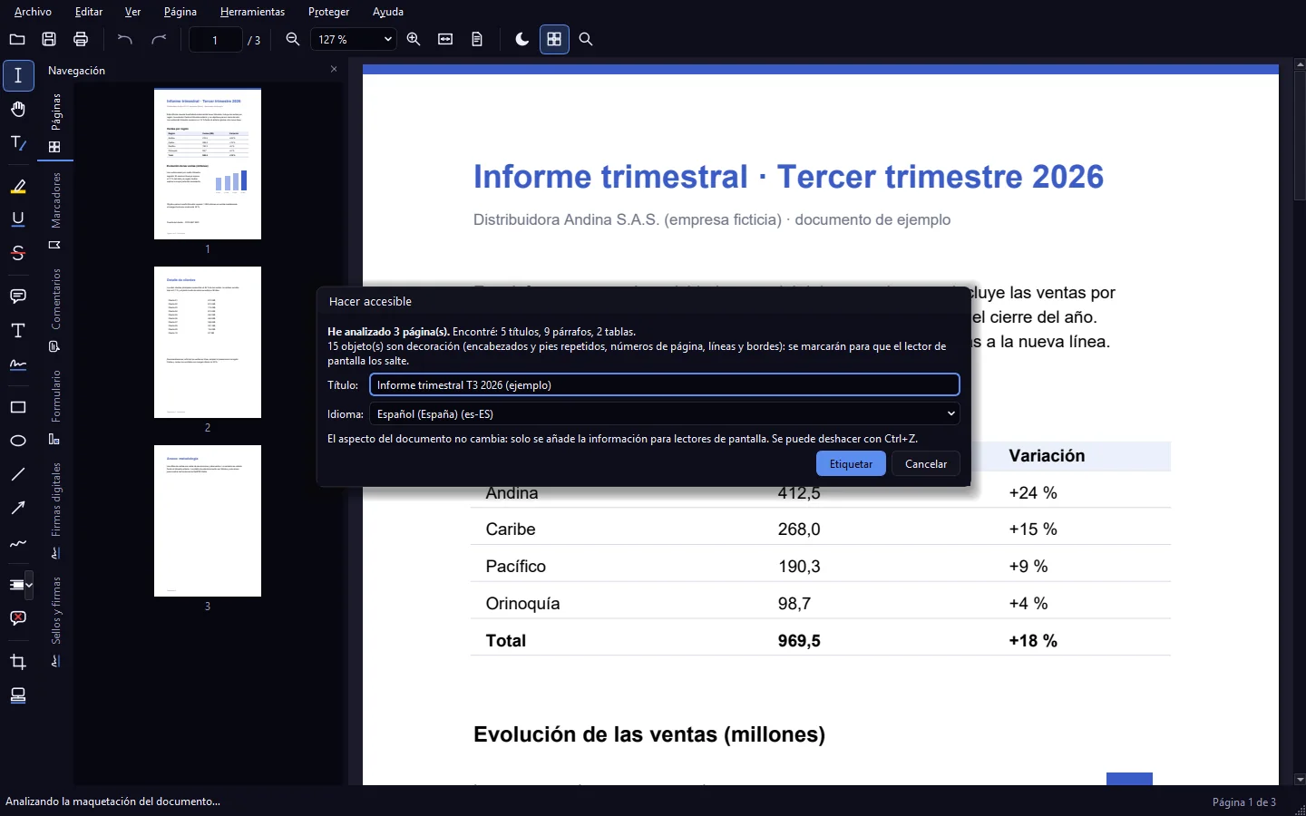 Diálogo Hacer accesible con el resumen de títulos, párrafos y tablas encontrados