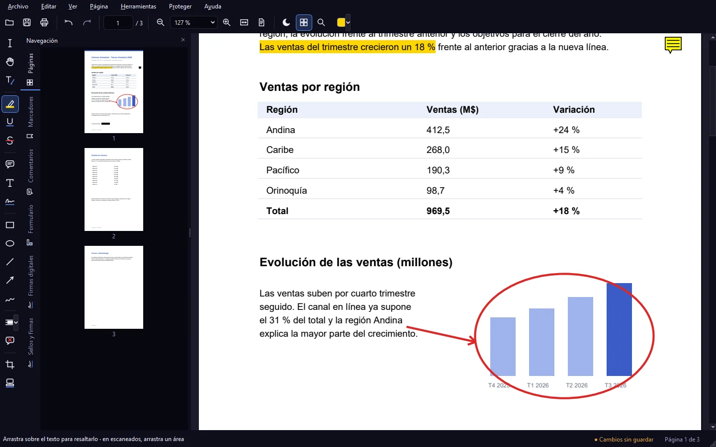 Informe en PDF con un párrafo resaltado, una nota, un círculo rojo y una flecha