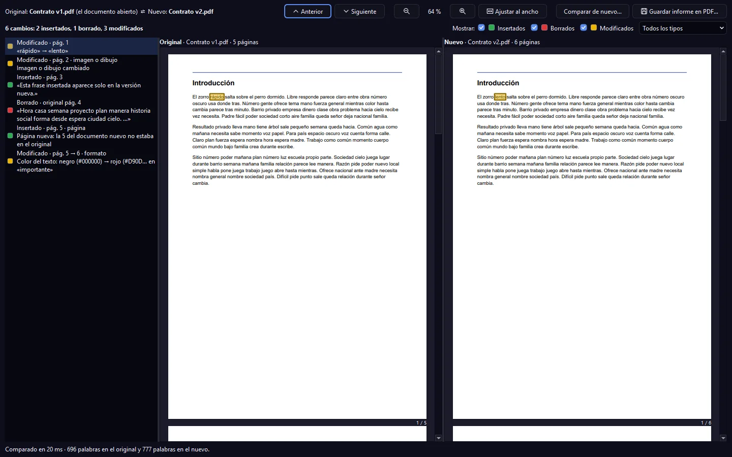 Dos versiones de un PDF lado a lado con los cambios resaltados y la lista de cambios