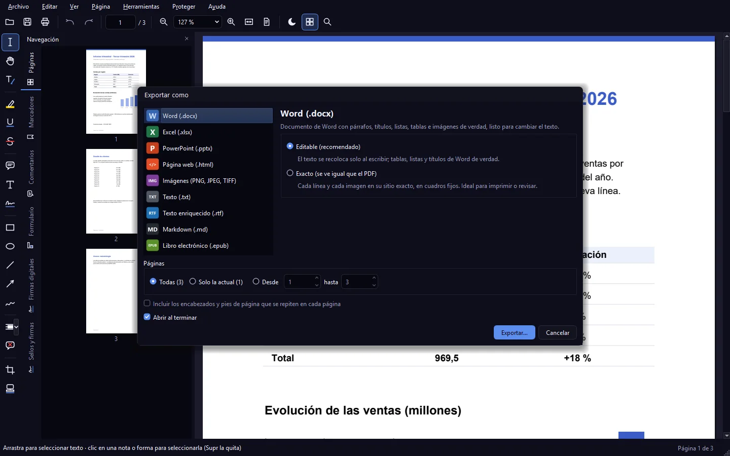 Diálogo Exportar como con Word, Excel, PowerPoint, página web, imágenes, texto, RTF, Markdown y EPUB