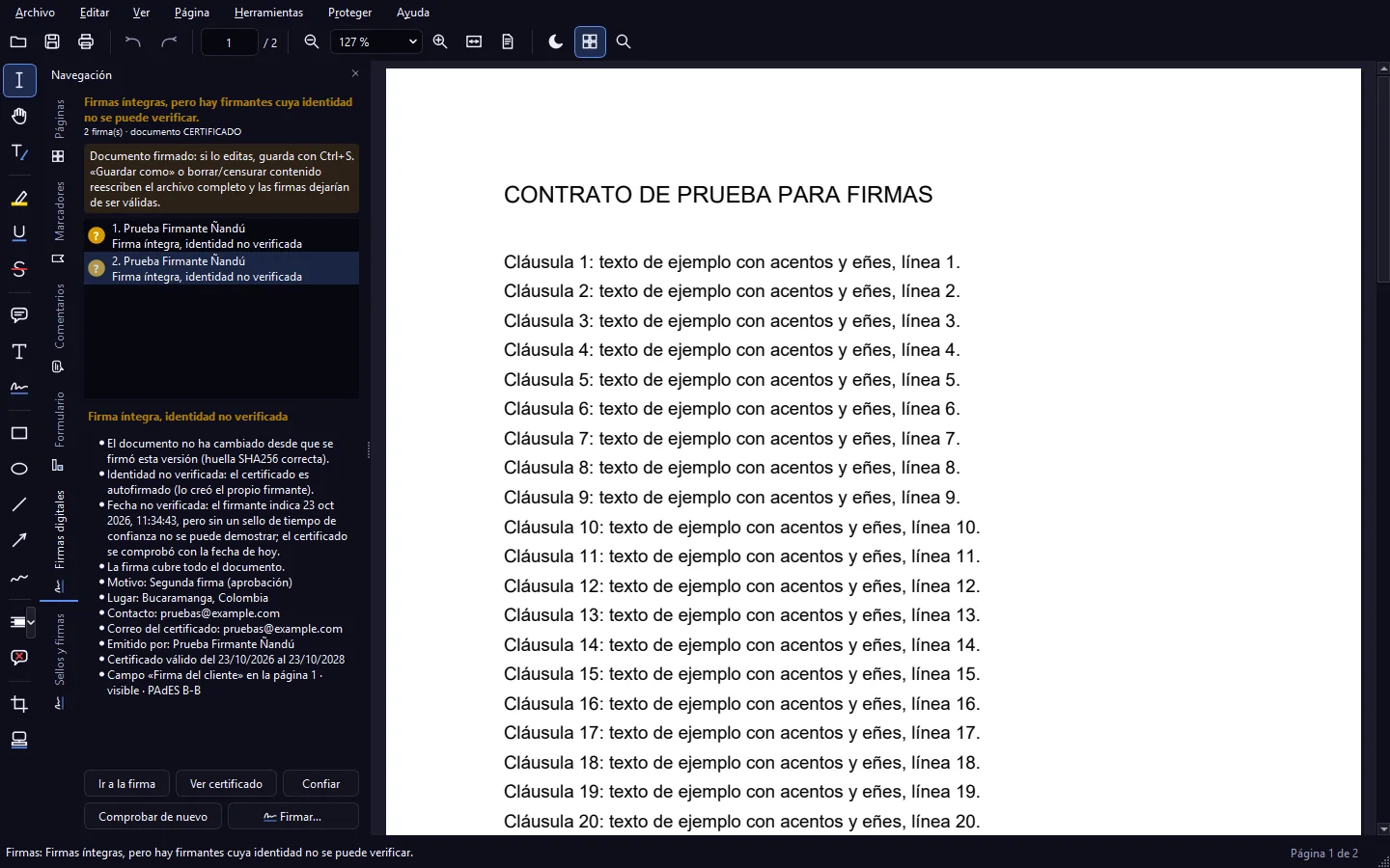 Panel Firmas con dos firmas digitales verificadas y sus detalles